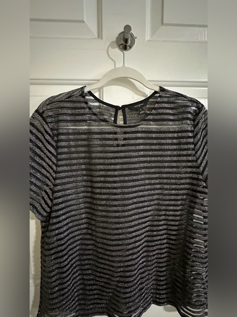 Banana Republic Silver and Black Striped Short Sleeve Tee